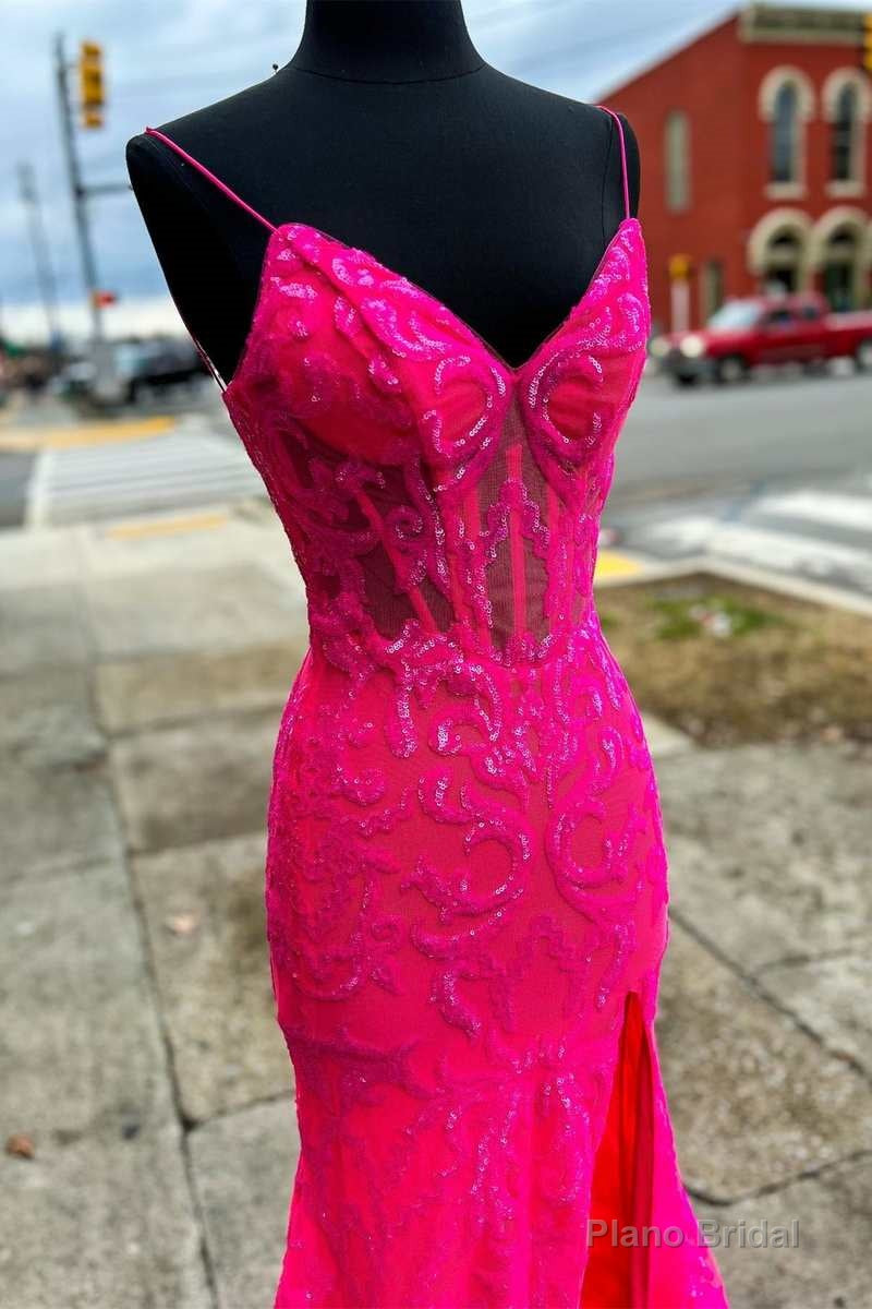 Neon Pink Floral Lace V-Neck Mermaid Long Formal Dress with Slit Secondary image