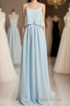 Dusty Blue Chiffon Spaghetti Straps Ruffled Long Bridesmaid Dresses
