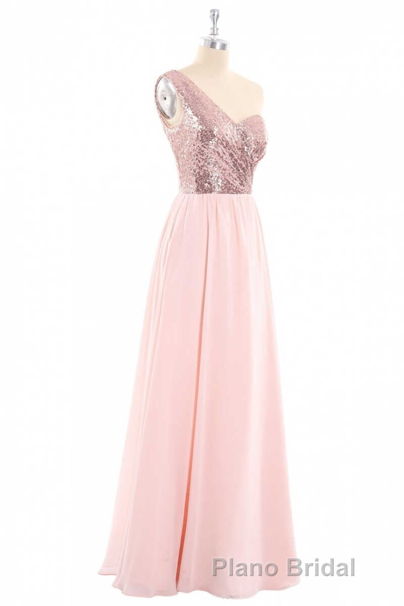 One-Shoulder Sequin and Chiffon A-Line Long Bridesmaid Dresses Secondary image