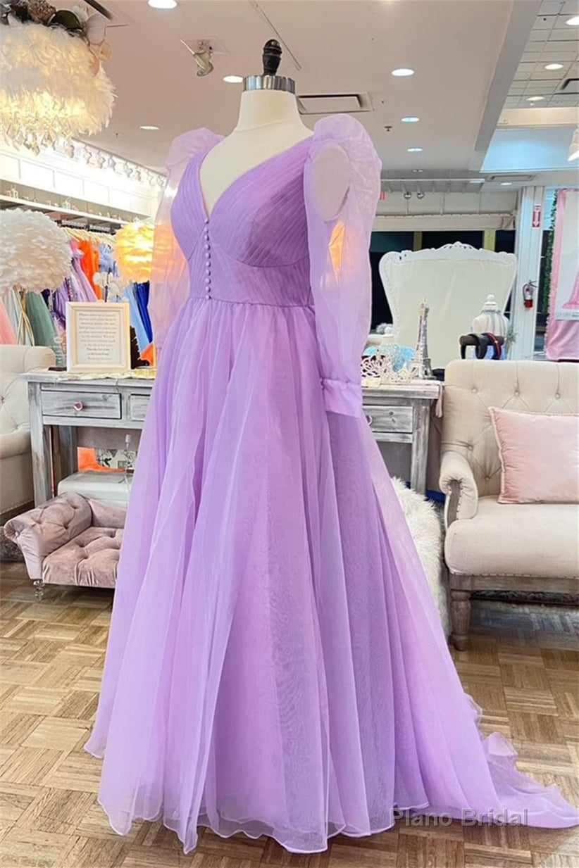 Lavender Tulle V Neck Illusion Neck Pleated Long Prom Dress Secondary image