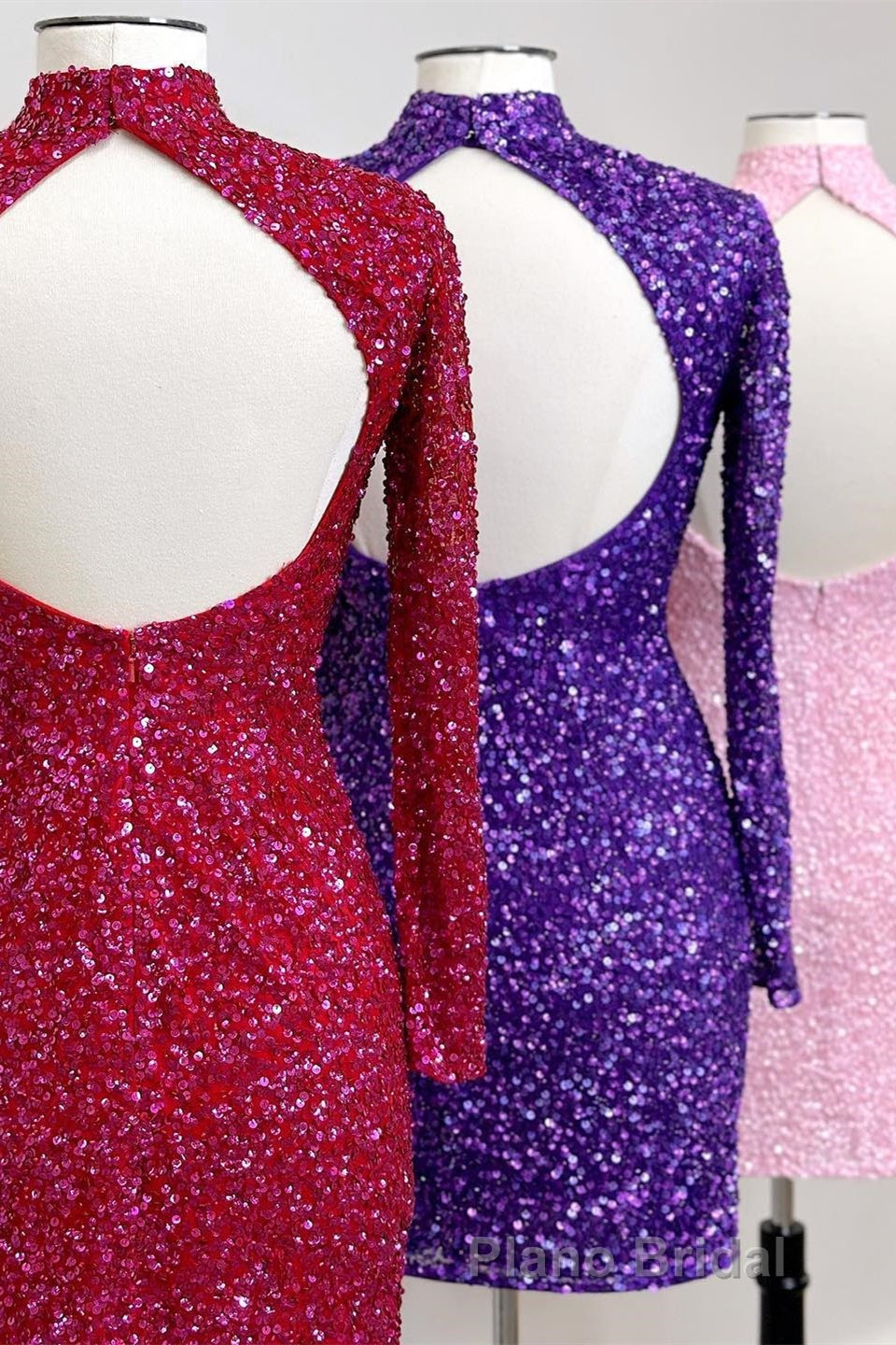 Regency High Neck Long Sleeves Sequins Keyhole Homecoming Dresses