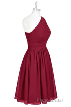 Wine Red Chiffon One-Shoulder Gathered Short Bridesmaid Dresses