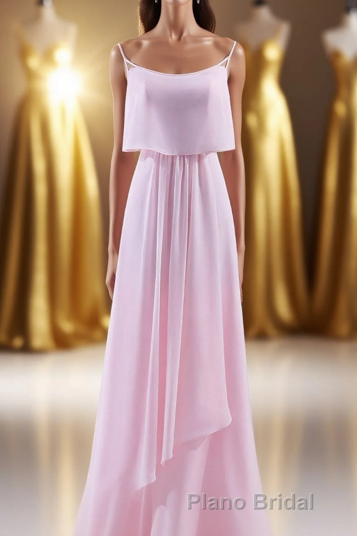 Pink Flounce Chiffon Straps A-line Long Bridesmaid Dresses Main image