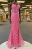 Hot Pink Appliques Strapless Mermaid Long Formal Prom Dresses