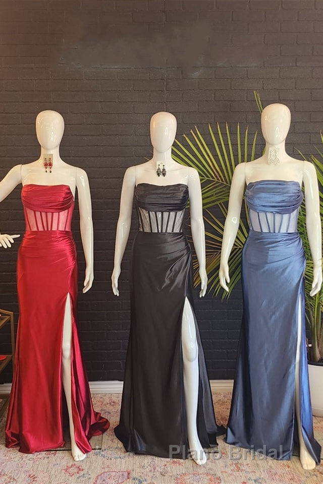 Black Strapless Mermaid Satin Long Formal Prom Dresses with Slit Secondary image
