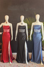 Black Strapless Mermaid Satin Long Formal Prom Dresses with Slit