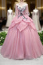 Pink V Neck Tulle Lace Applique Long Formal Prom Dress, Pink Evening Dress, 1