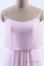 Pink Flounce Chiffon Straps A-line Long Bridesmaid Dresses
