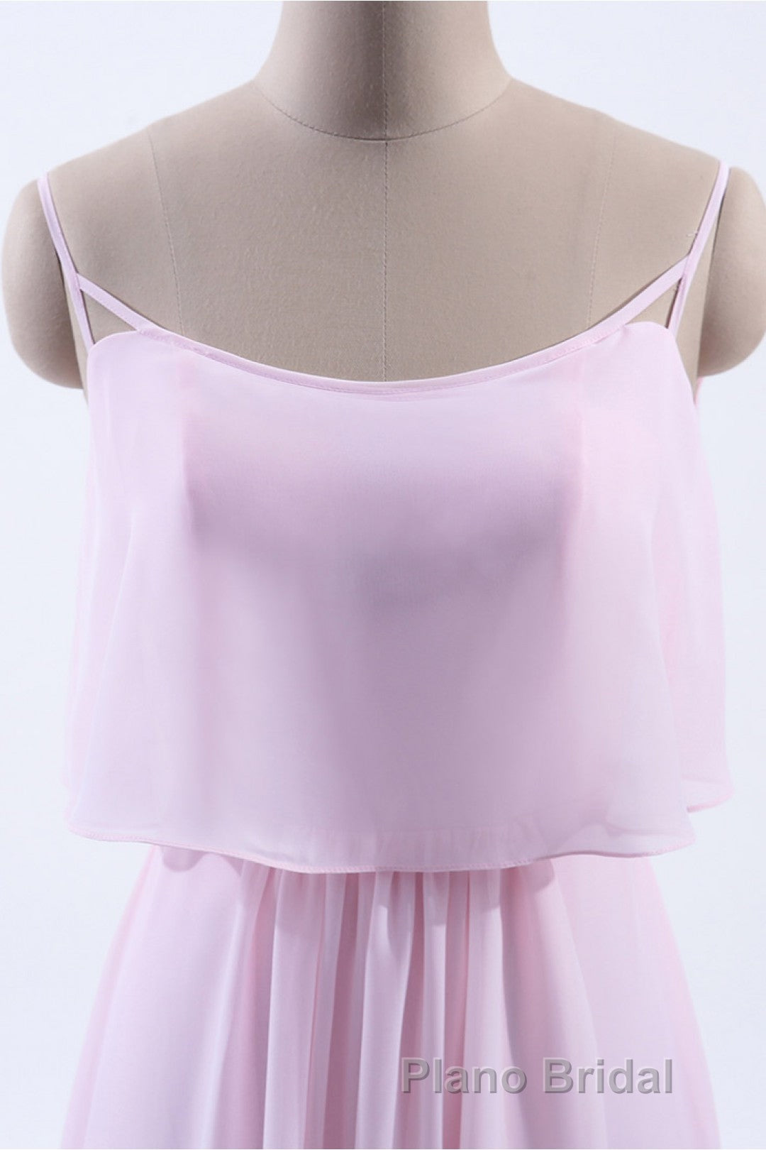 Pink Flounce Chiffon Straps A-line Long Bridesmaid Dresses