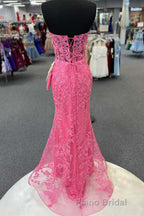 Hot Pink Appliques Strapless Mermaid Long Formal Prom Dresses