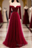 Burgundy Round Neck Tulle Sequin Long Formal Prom Dresses, Tulle Prom Dresses