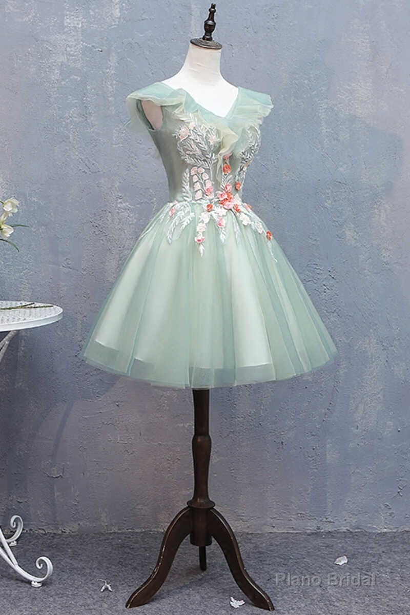 Light Green Appliques V-Neck A-Line Short Homecoming Dress