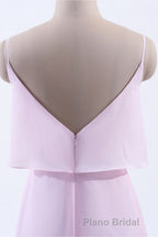 Pink Flounce Chiffon Straps A-line Long Bridesmaid Dresses