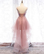 Pink Tulle Lace High Low Formal Prom Dress, Pink Homecoming Dress, 1