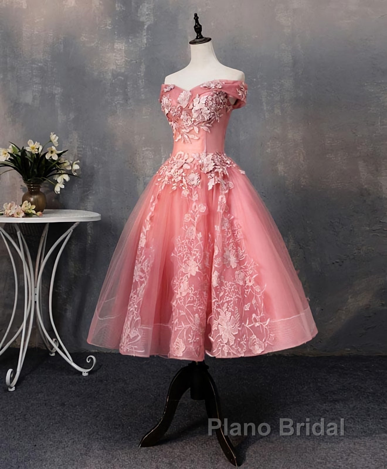 Pink Tulle Lace Off Shoulder Short Formal Prom Dress, Pink Homecoming Dress