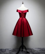 Simple Satin Burgundy Short Formal Prom Dresses, Burgundy Homecoming Dresses