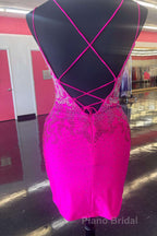 Royal Blue Beaded Plunge V Lace-Up Short Homecoming Dresses