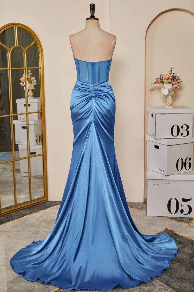 Blue Pleated Strapless Mermaid Satin Long Prom Dress with Slit Main image