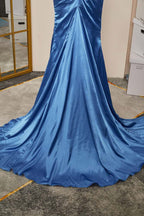 Blue Pleated Strapless Mermaid Satin Long Prom Dress with Slit