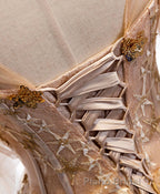 Champagne Round Neck Tulle Lace Long Formal Prom Dresses, Prom Dresses