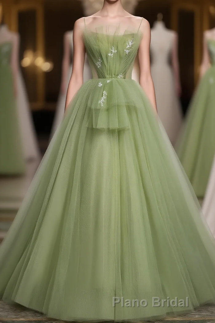 Green Tulle Long Formal Prom Dresses, Green Tulle Prom Dresses Main image