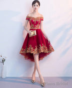 Burgundy Tulle Lace Short Prom Dress High Low Bridesmaid Dress