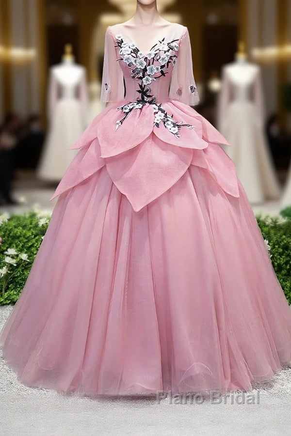 Pink V Neck Tulle Lace Applique Long Formal Prom Dress, Pink Evening Dress, 1 Main image