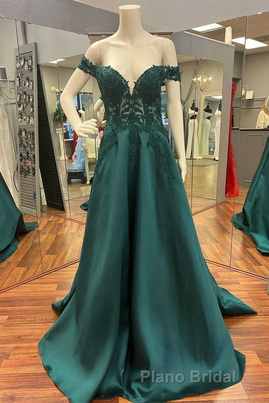 Hunter Green Lace Off-the-Shoulder A-Line Long Formal Prom Dresses Secondary image