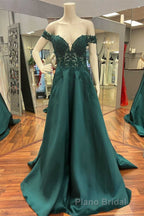 Hunter Green Lace Off-the-Shoulder A-Line Long Formal Prom Dresses