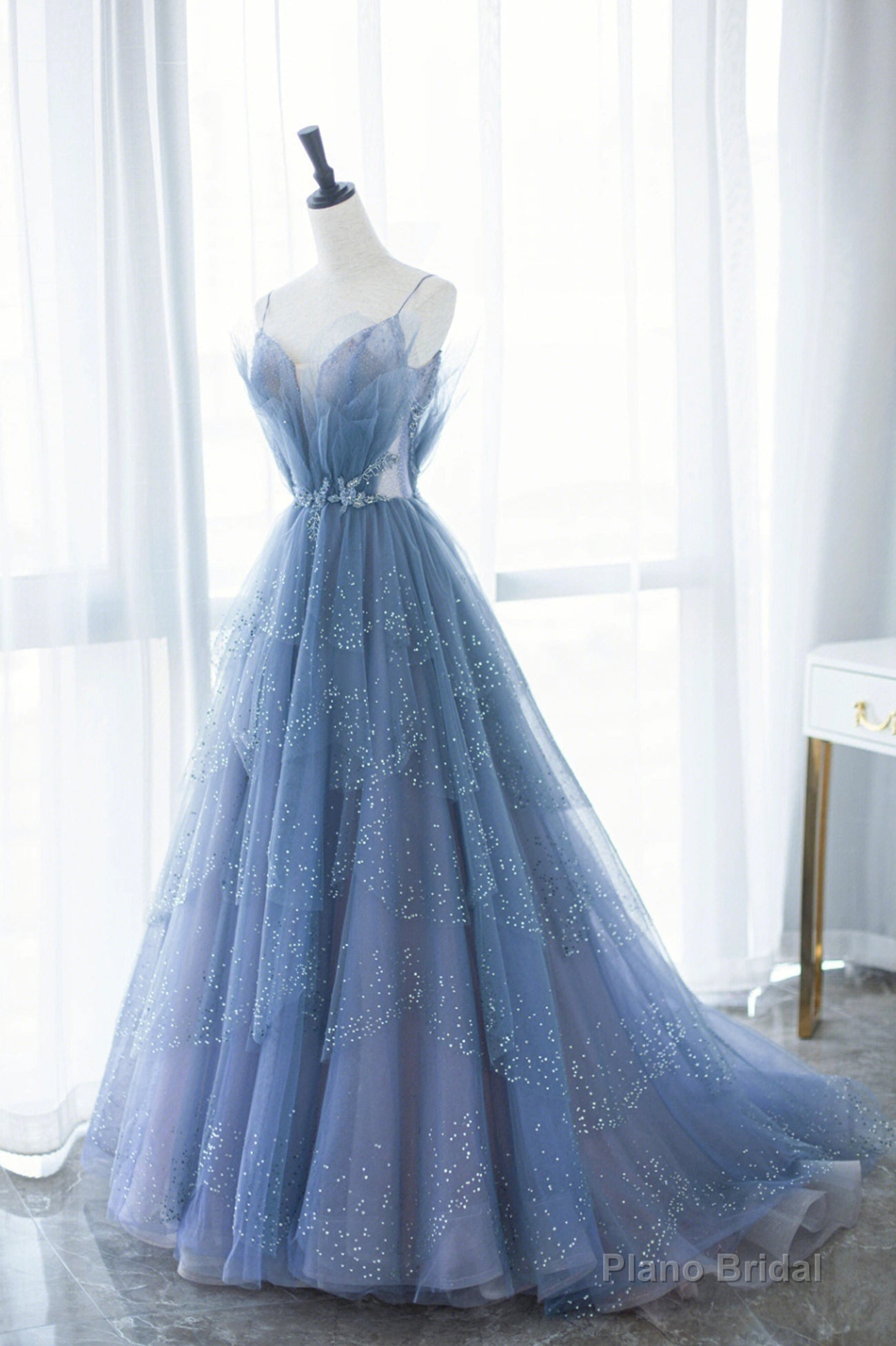 Blue Tulle Long A-Line Prom Dresses, Blue Evening Dresses with Beaded Secondary image
