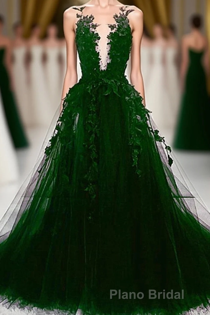 Dark Green Tulle With Lace Deep Neckline Backless Formal Prom Dresses, Dark Green Party Dresses Main image