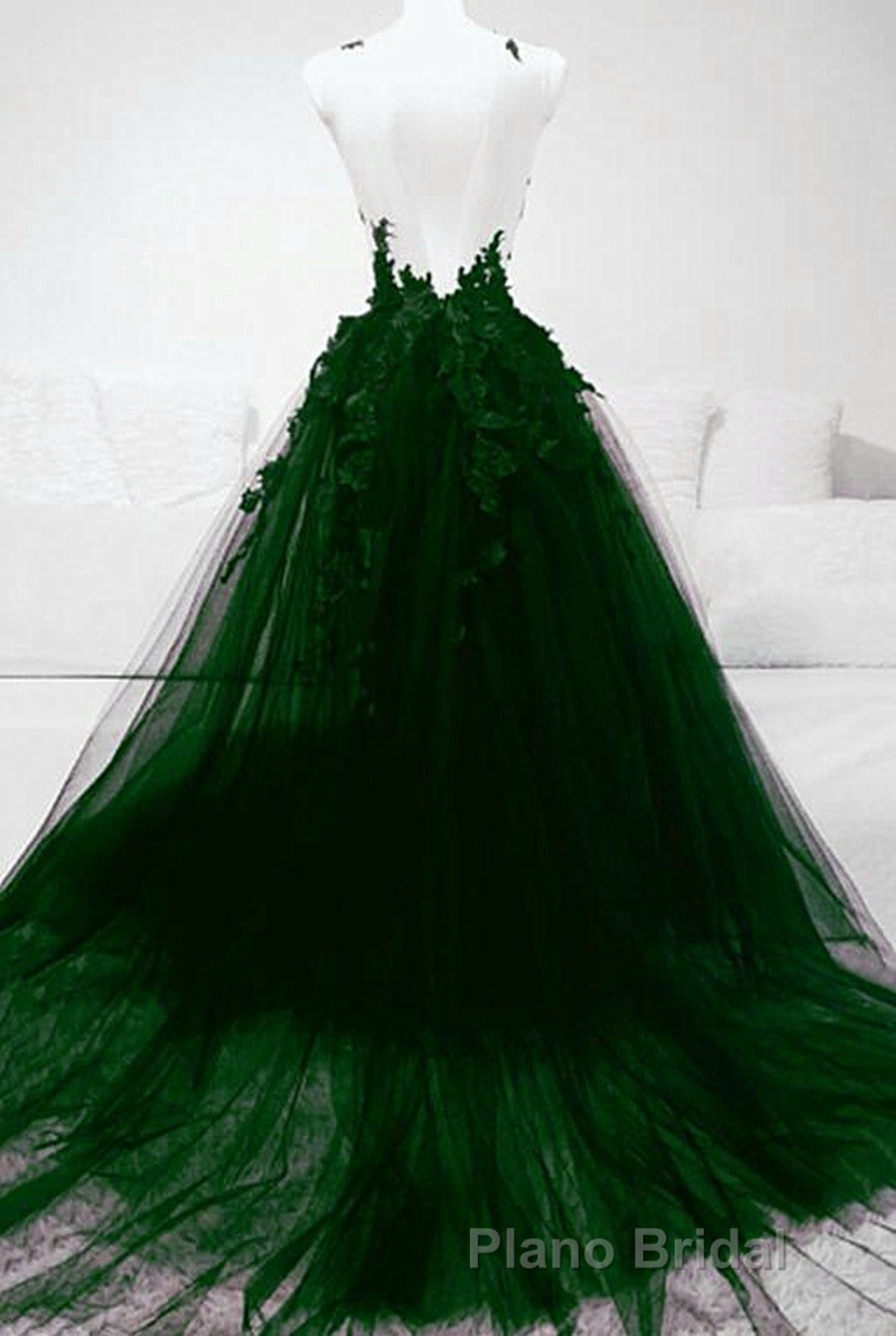 Dark Green Tulle With Lace Deep Neckline Backless Formal Prom Dresses, Dark Green Party Dresses Secondary image