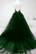 Dark Green Tulle With Lace Deep Neckline Backless Formal Prom Dresses, Dark Green Party Dresses