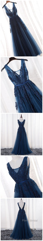 Glamorous Navy Blue Lace Tulle V Neck See Through Formal Prom Dresses