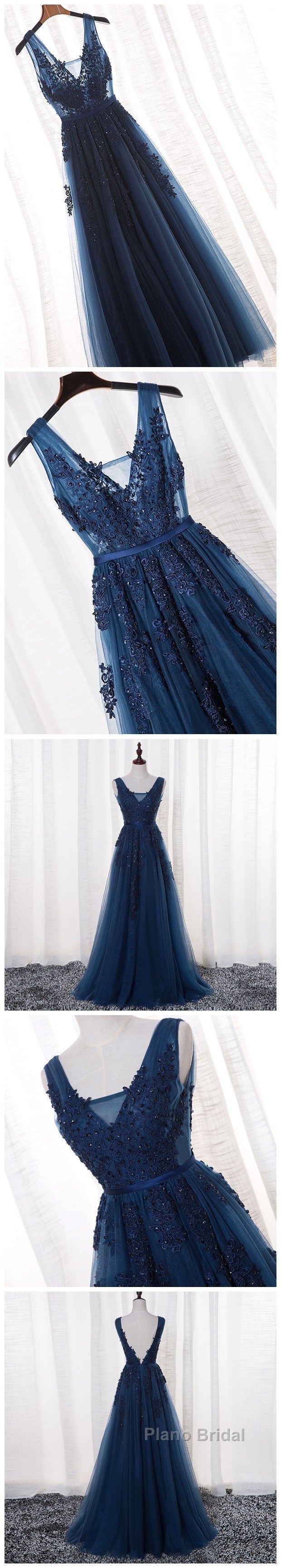 Glamorous Navy Blue Lace Tulle V Neck See Through Formal Prom Dresses