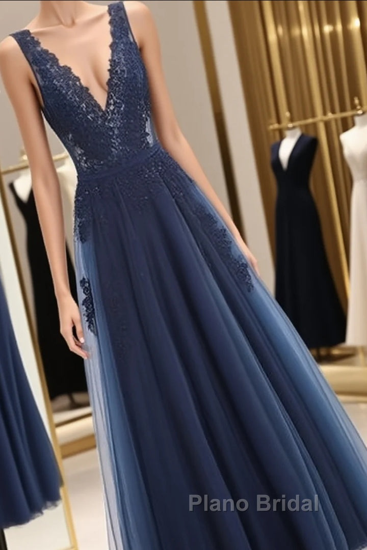 Glamorous Navy Blue Lace Tulle V Neck See Through Formal Prom Dresses Main image