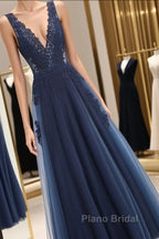 Glamorous Navy Blue Lace Tulle V Neck See Through Formal Prom Dresses
