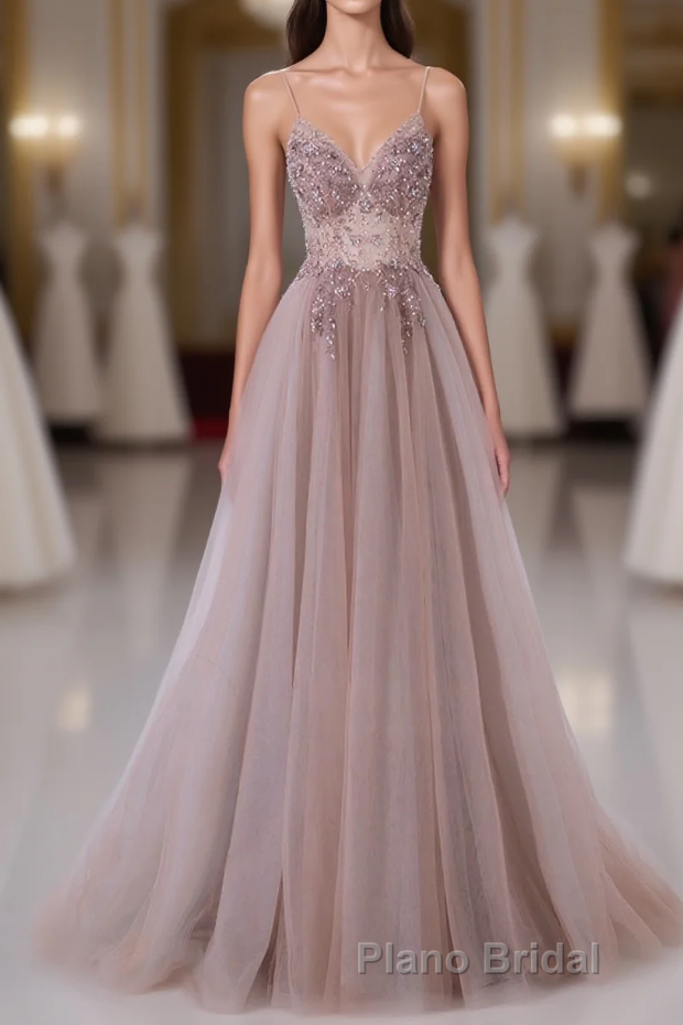 Pink V-Neckline Beaded Straps Long Party Dresses, A-Line Pink Tulle Floor Length Formal Prom Dresses Main image