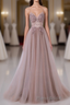 Pink V-Neckline Beaded Straps Long Party Dresses, A-Line Pink Tulle Floor Length Formal Prom Dresses