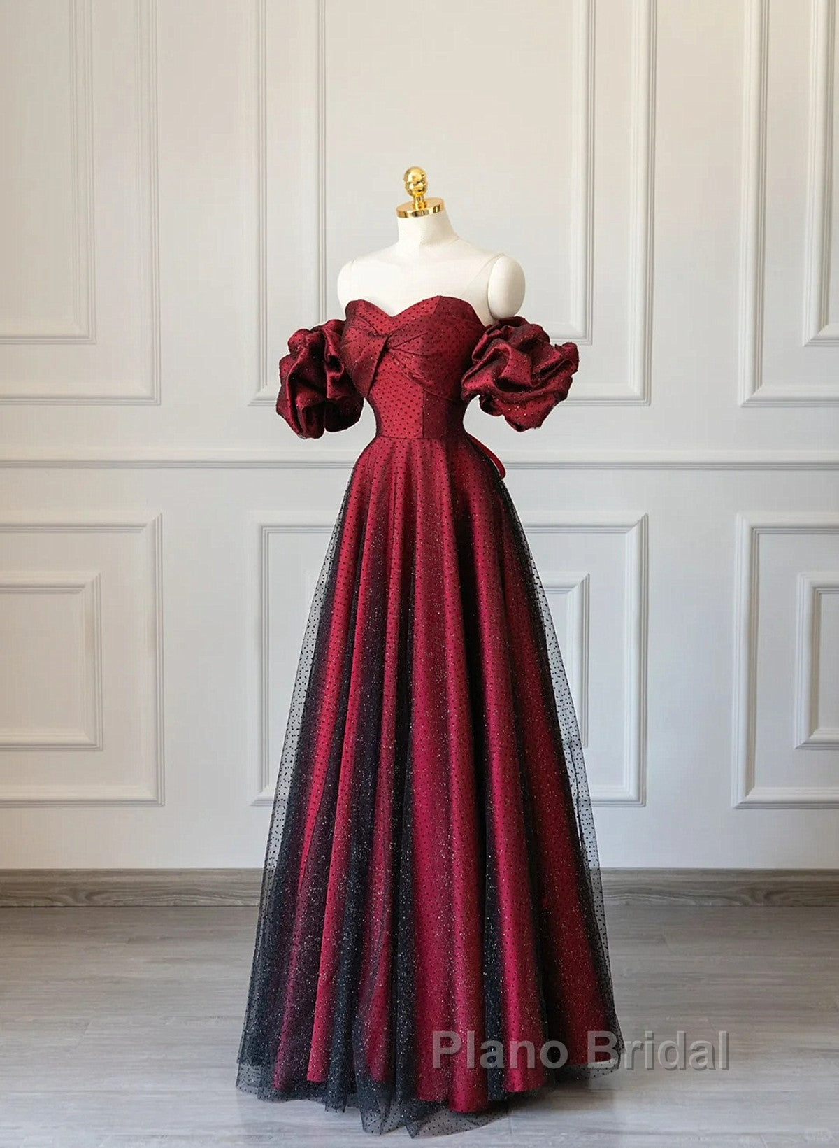 Off Shoulder Wine Red Sweetheart Tulle Formal Prom Dresses, A-line Wine Red Evening Dresses
