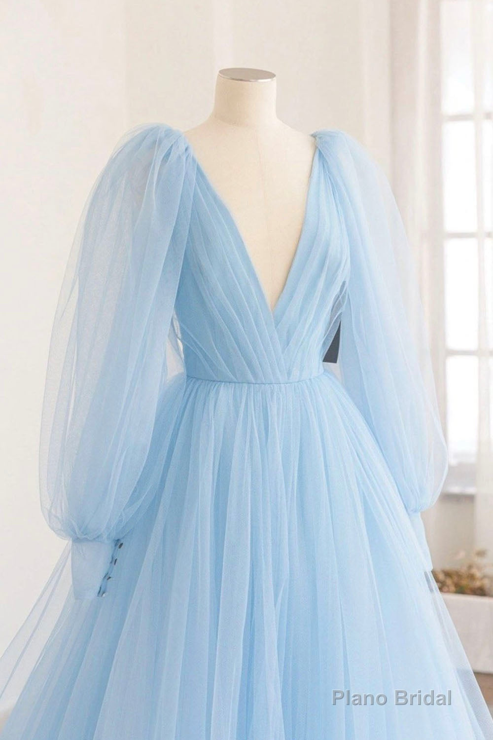 Blue V-Neck Tulle Long Prom Dress, Long Sleeve A-Line Evening Party Dress Secondary image