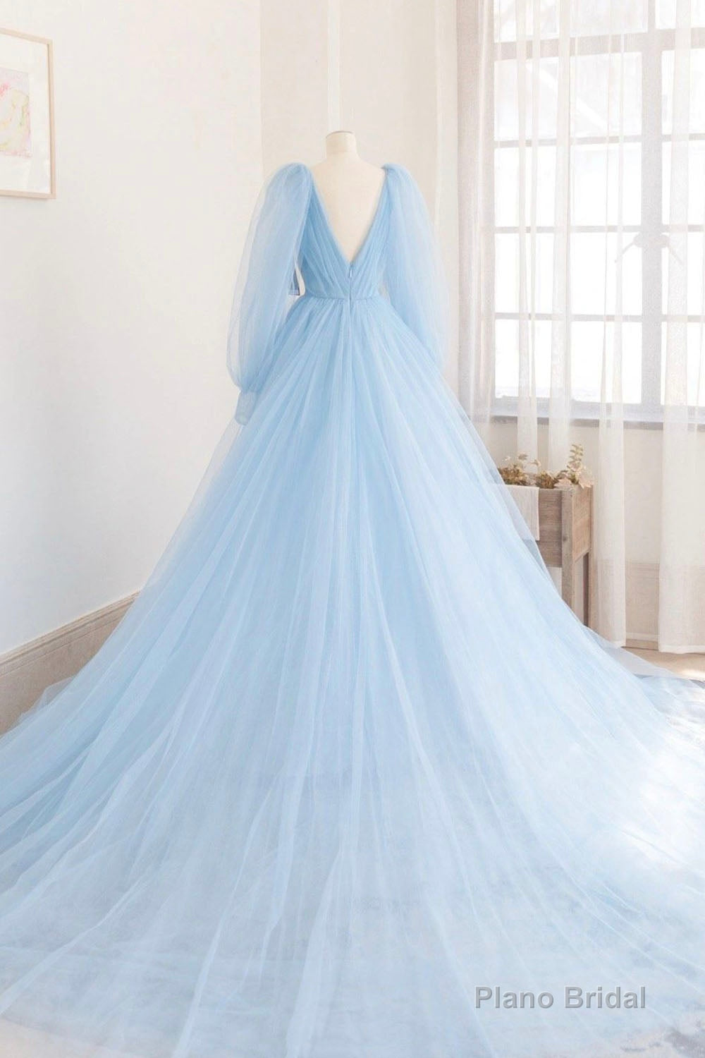 Blue V-Neck Tulle Long Prom Dress, Long Sleeve A-Line Evening Party Dress