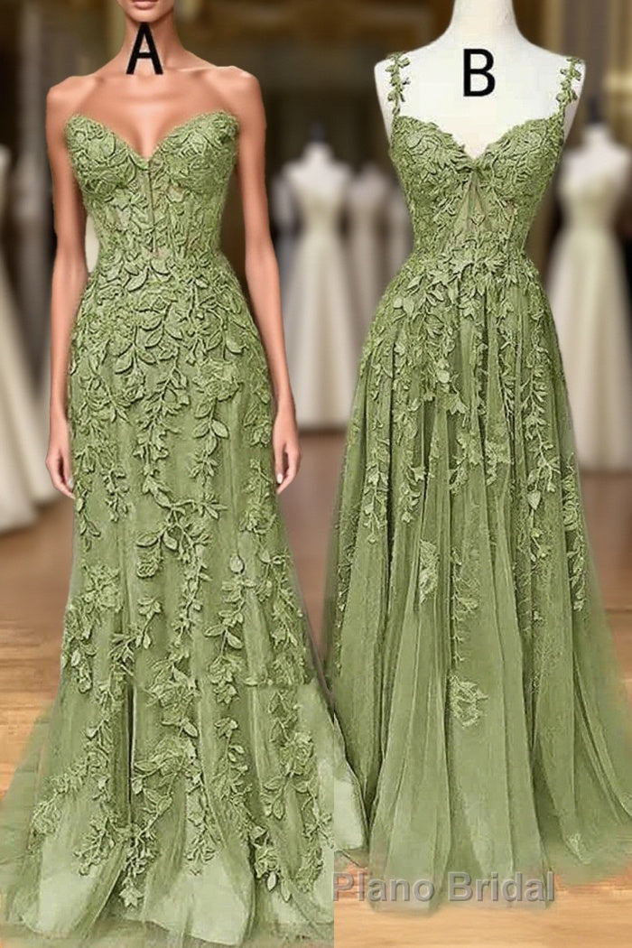 Lovely Sage Green Tulle With Lace Long Prom Dresses, Sweetheart Formal Prom Dresses Main image