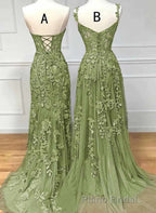 Lovely Sage Green Tulle With Lace Long Prom Dresses, Sweetheart Formal Prom Dresses