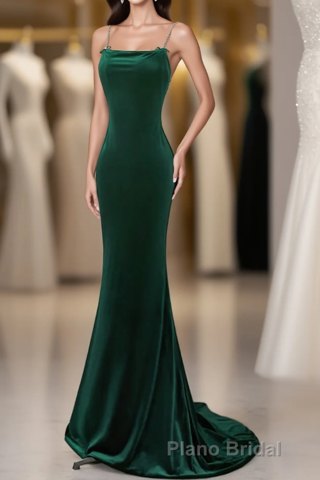 Green Velvet Mermaid Straps Long Prom Dresses, Green Evening Dresses Party Dresses Main image