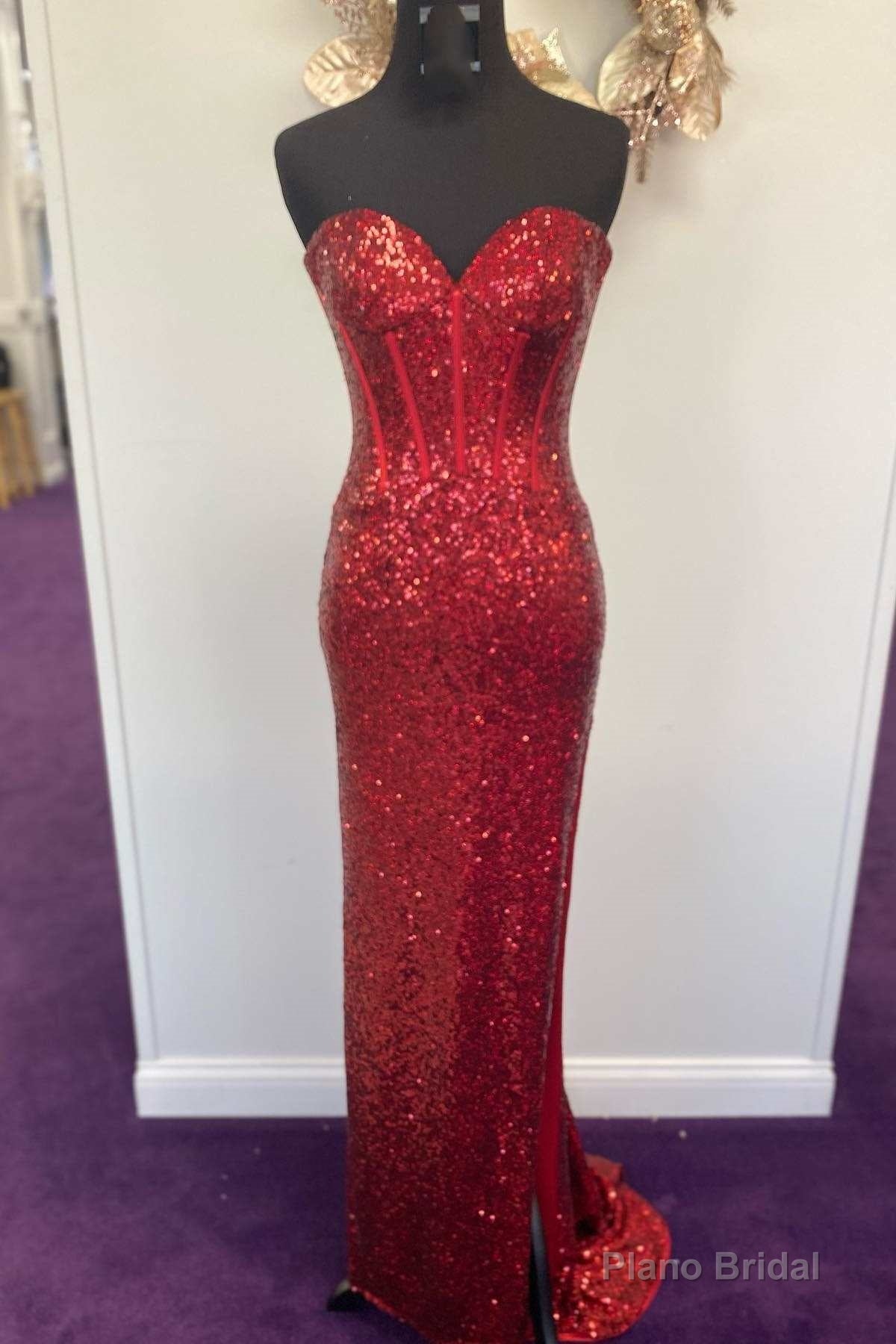 Mermaid Red Sequin Strapless Long Prom Dress with Slit Main image