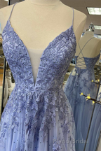 Lavender Tulle V-Neckline Long Party Dresses, Lavender Straps Formal Prom Dresses Prom Dresses