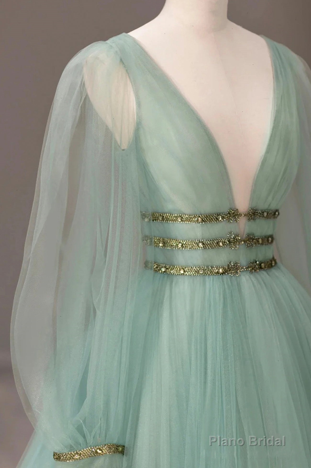 Green V-Neck Tulle Long Prom Dress, Long Sleeve Evening Dress Secondary image