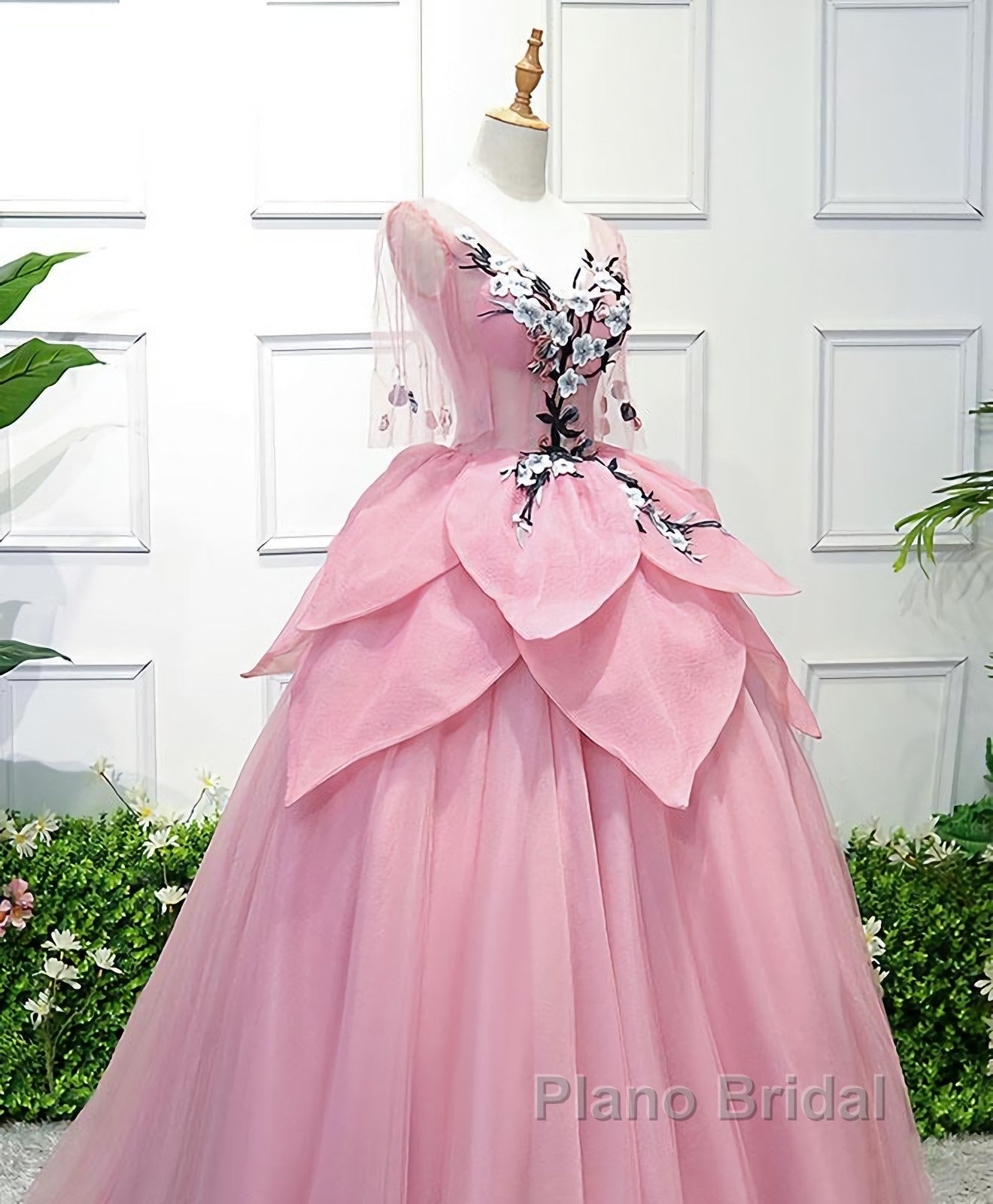 Pink V Neck Tulle Lace Applique Long Formal Prom Dress, Pink Evening Dress, 1