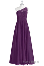 One-Shoulder Purple Lace A-Line Long Bridesmaid Dresses with Slit